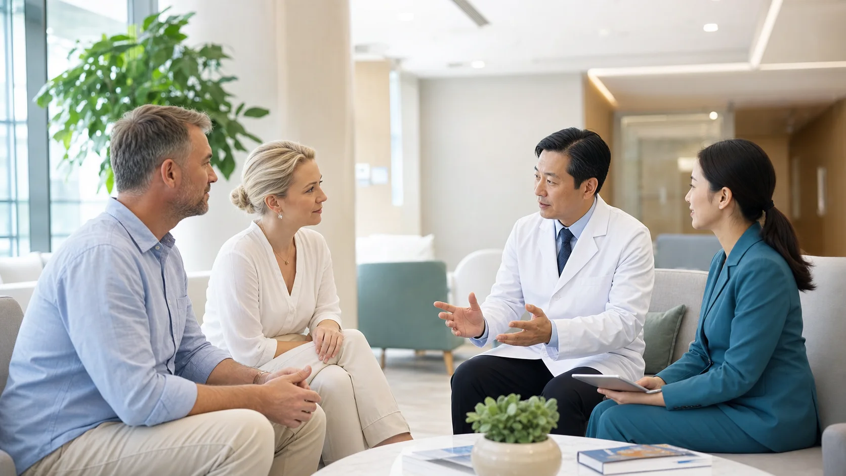 International patients discussing a care plan with a Chinese doctor and patient coordinator